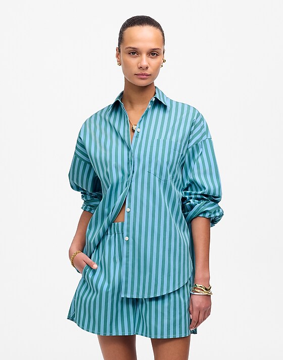 madewell Boxy Button-Up Shirt in Stripe bayside stripe cool aqua