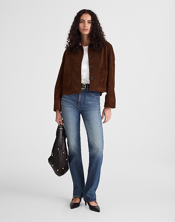 Madewell Boxy-Crop Jacket In Suede Dark Roast Suede