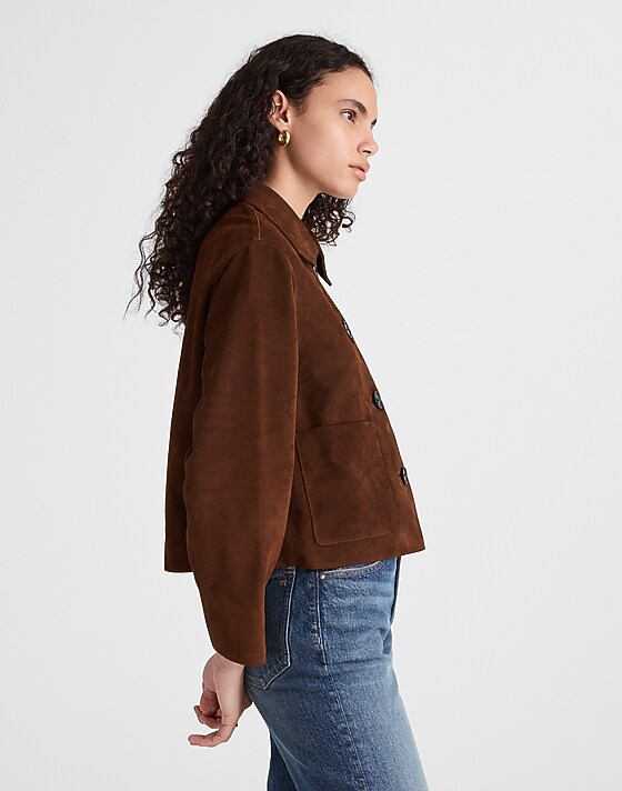 Madewell Boxy-Crop Jacket In Suede Dark Roast Suede
