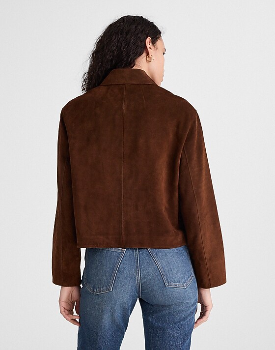 Madewell Boxy-Crop Jacket In Suede Dark Roast Suede