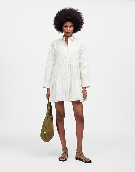 Madewell Bubble-Hem Mini Shirtdress In Pinstripe Poplin White