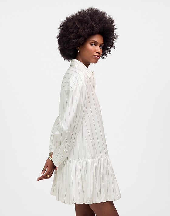 Madewell Bubble-Hem Mini Shirtdress In Pinstripe Poplin White