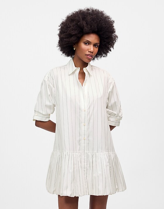 madewell Bubble-Hem Mini Shirtdress in Pinstripe Poplin white