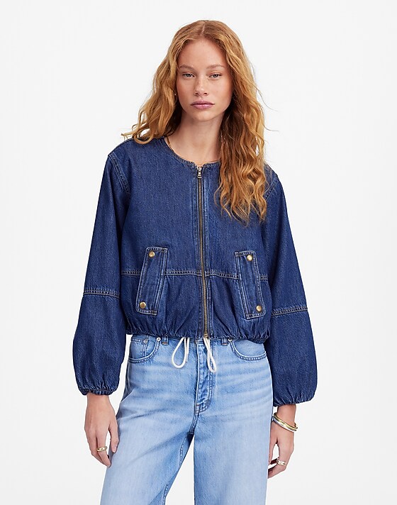 madewell Bubble-Sleeve Jean Bomber Jacket in Newkirk Wash: Airy Denim Edition newkirk wash
