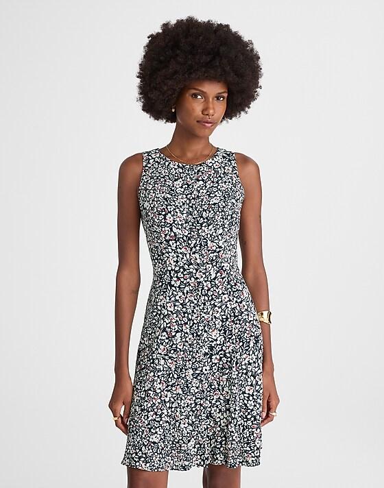 Madewell Button-Front Boatneck Mini Dress In Floral Amanda Floral Navy