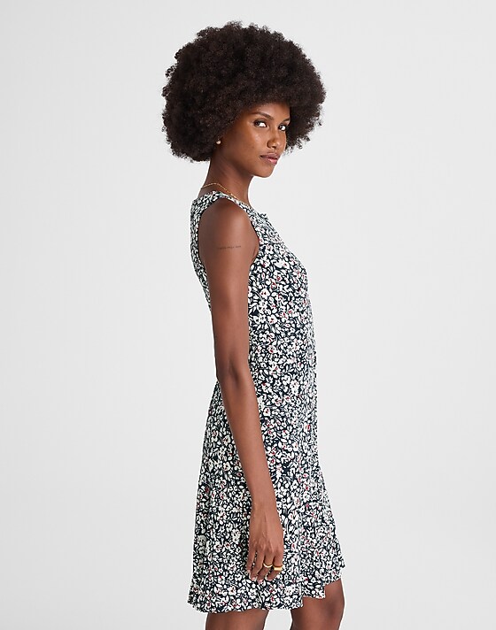 Madewell Button-Front Boatneck Mini Dress In Floral Amanda Floral Navy