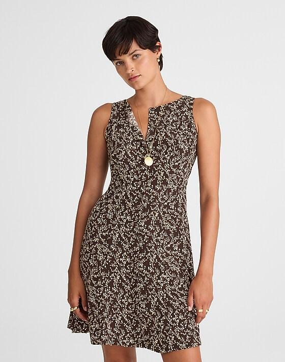 Madewell Button-Front Boatneck Mini Dress In Floral Bridgette Spots Brown