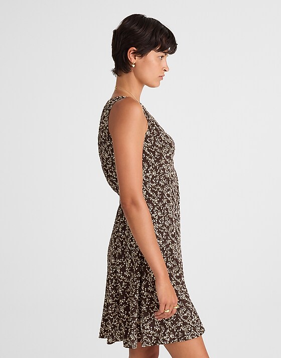 Madewell Button-Front Boatneck Mini Dress In Floral Bridgette Spots Brown