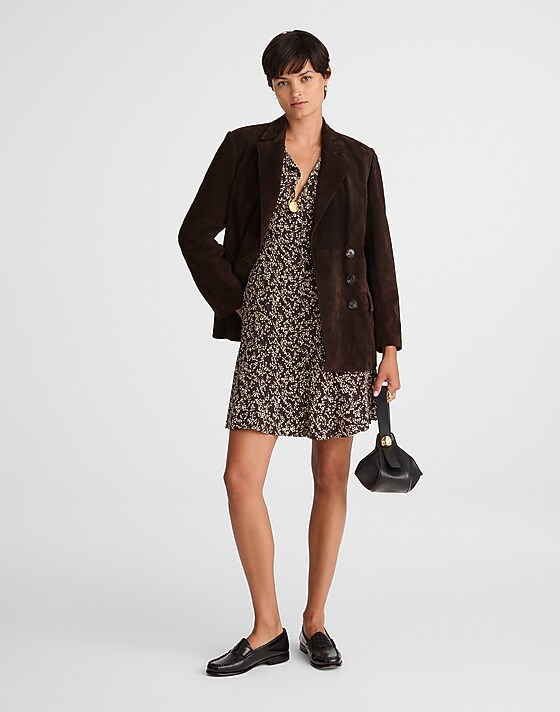 madewell Button-Front Boatneck Mini Dress in Floral bridgette spots brown