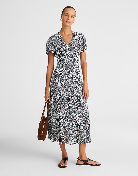 Madewell Button-Front Flutter-Sleeve Midi Dress In Floral Amanda Floral Navy