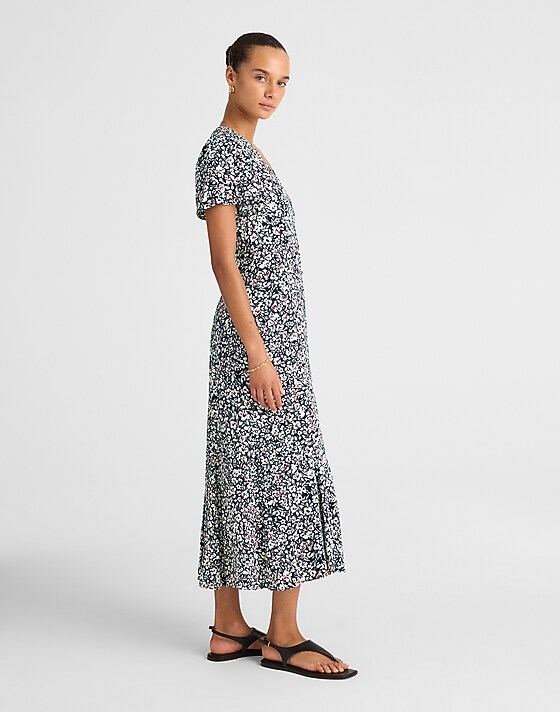 Madewell Button-Front Flutter-Sleeve Midi Dress In Floral Amanda Floral Navy