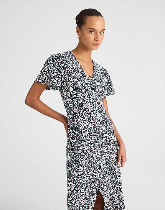 madewell Button-Front Flutter-Sleeve Midi Dress in Floral amanda floral navy