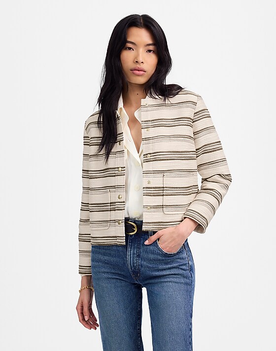 madewell Button-Front Jacket in Striped Tweed safari khaki stripe