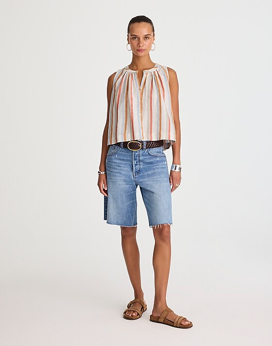 Madewell Button-Front Tank In Linen-Cotton Brown Red Blue Stripe