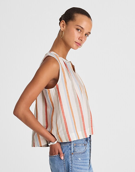 Madewell Button-Front Tank In Linen-Cotton Brown Red Blue Stripe