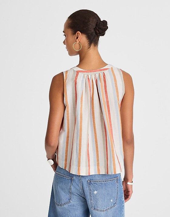 Madewell Button-Front Tank In Linen-Cotton Brown Red Blue Stripe