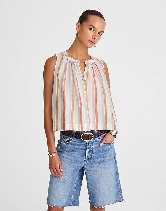 madewell Button-Front Tank in Linen-Cotton brown red blue stripe