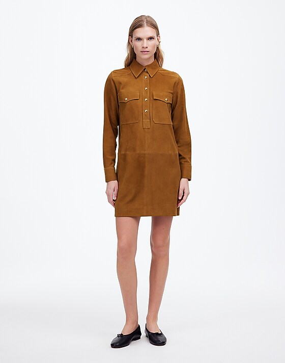 Madewell Button-Up Mini Shirtdress In Suede Leather Suede