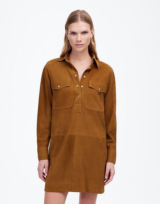 madewell Button-Up Mini Shirtdress in Suede leather suede