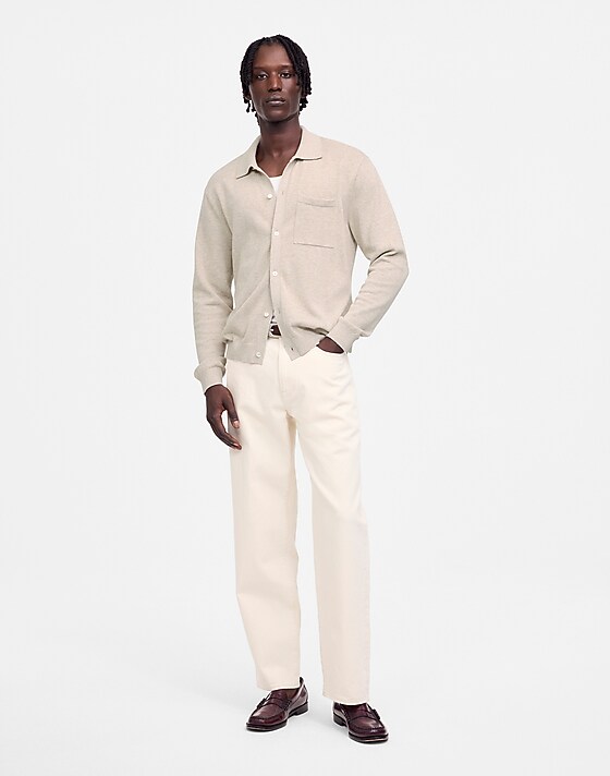 Madewell Button-Up Sweater Polo In Lightweight Cotton-Linen Blend Heather Brown
