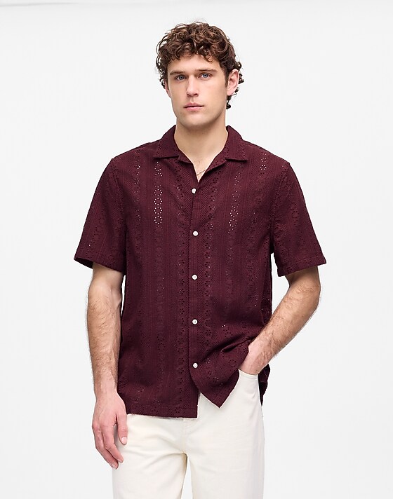 madewell Camp-Collar Short-Sleeve Shirt in Embroidered Cotton dusty plum