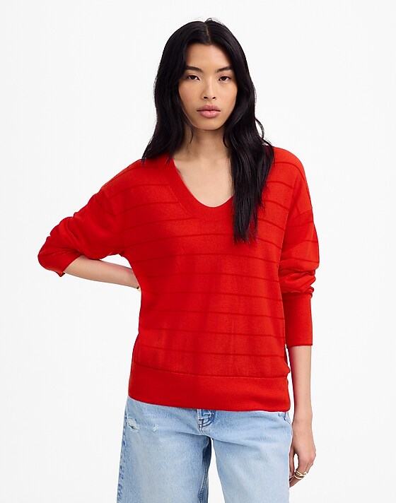 Madewell Cashmere U-Neck Pullover In Stripe Festival Red Mini Stripe
