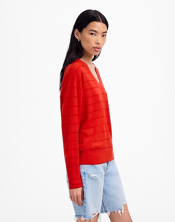 Madewell Cashmere U-Neck Pullover In Stripe Festival Red Mini Stripe