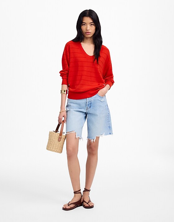 madewell Cashmere U-Neck Pullover in Stripe festival red mini stripe