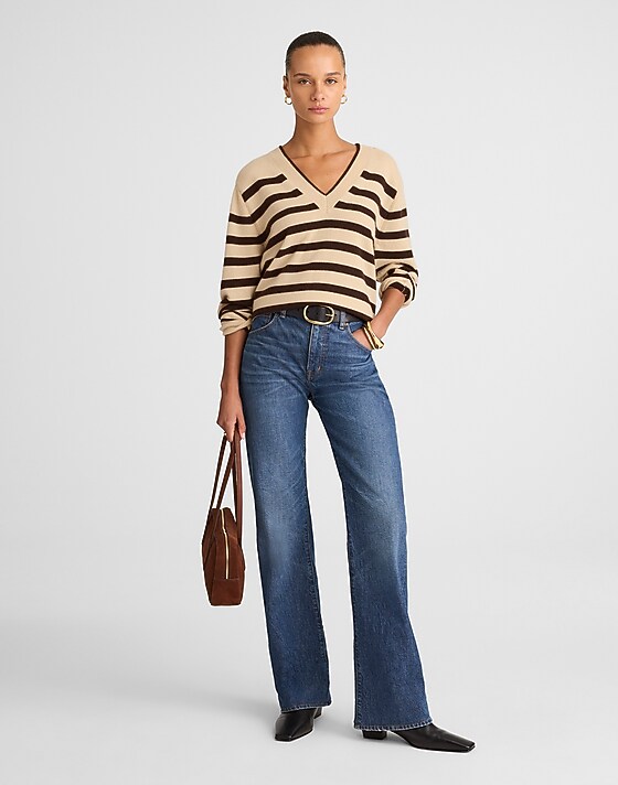 Madewell Cashmere V-Neck Sweater Biscuit And Molasses Stripe