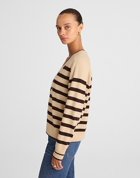 Madewell Cashmere V-Neck Sweater Biscuit And Molasses Stripe
