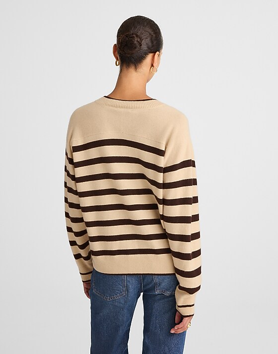 Madewell Cashmere V-Neck Sweater Biscuit And Molasses Stripe