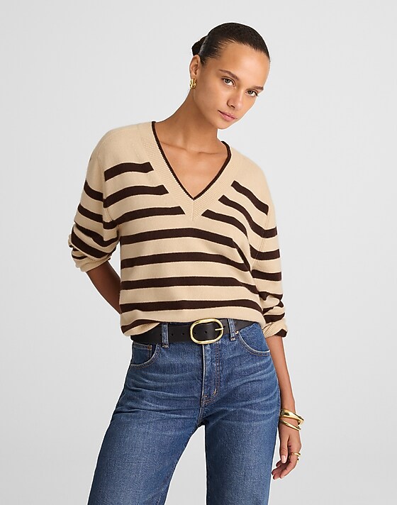 madewell Cashmere V-Neck Sweater biscuit and molasses stripe