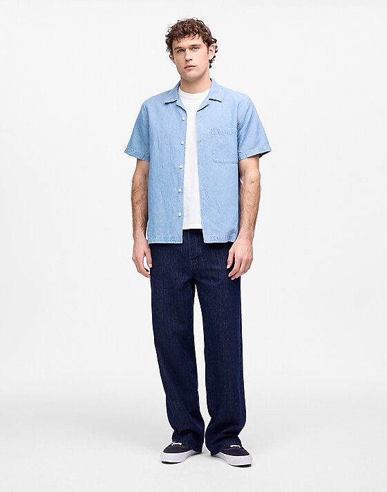 madewell Chambray Short-Sleeve Button-Up Shirt in Cotton Linen Blend faulk wash