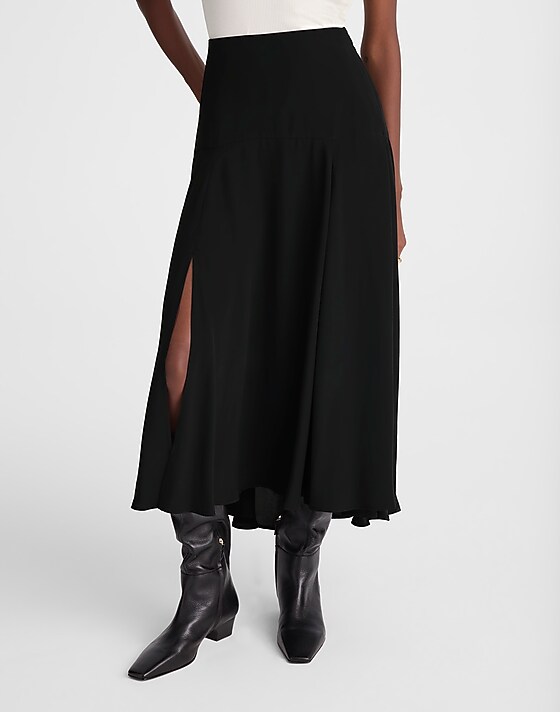 Madewell Circle Midi Skirt In Crêpe De Chine Jet Black