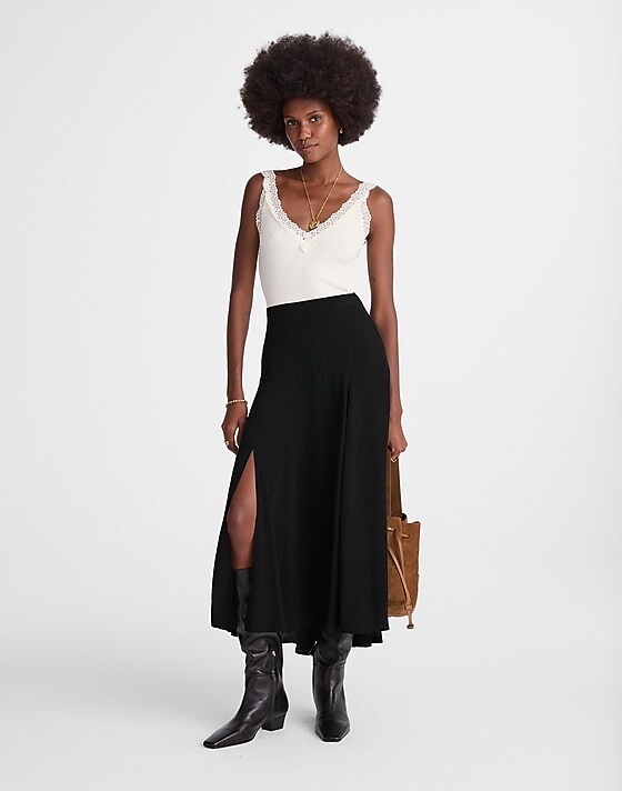 madewell Circle Midi Skirt in Crêpe de Chine jet black
