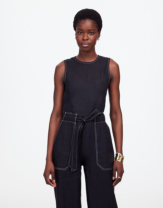 Madewell Contrast-Stitch Relaxed Straight-Leg Jumpsuit In Linen Jet Black