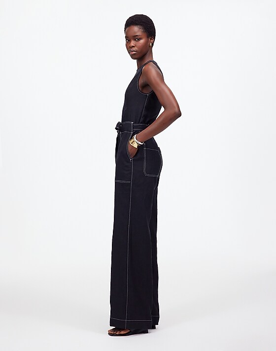 Madewell Contrast-Stitch Relaxed Straight-Leg Jumpsuit In Linen Jet Black