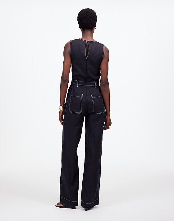 Madewell Contrast-Stitch Relaxed Straight-Leg Jumpsuit In Linen Jet Black