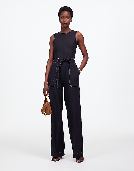 madewell Contrast-Stitch Relaxed Straight-Leg Jumpsuit in Linen jet black