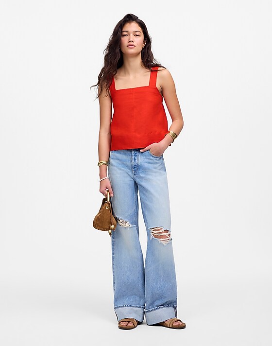 Madewell Contrast-Stitch Squareneck Top In 100% Linen Bright Flame