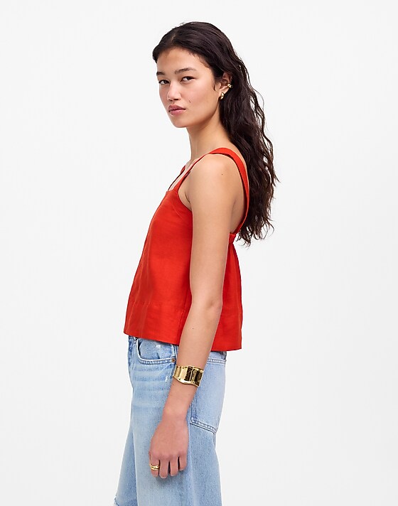 Madewell Contrast-Stitch Squareneck Top In 100% Linen Bright Flame