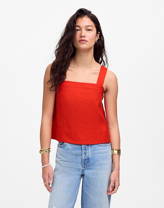 madewell Contrast-Stitch Squareneck Top in 100% Linen bright flame