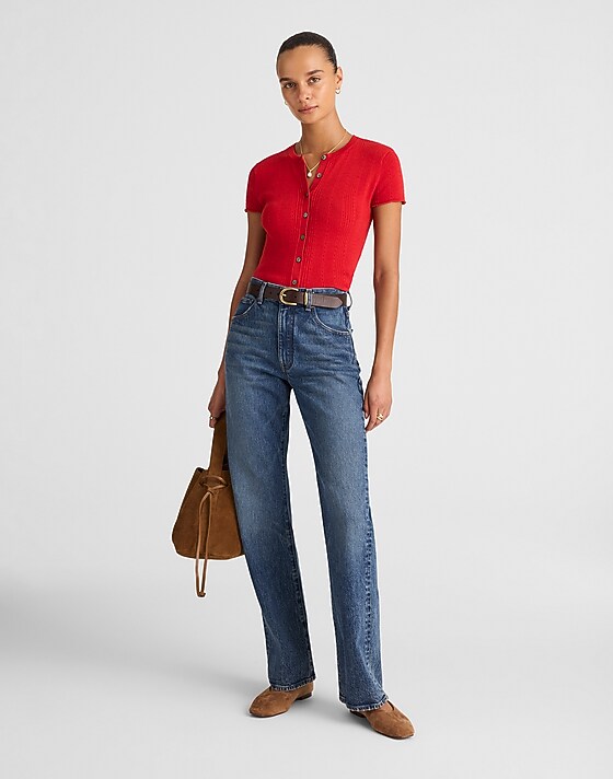 Madewell Cotton-Blend Pointelle Short-Sleeve Cardigan Cherry Red