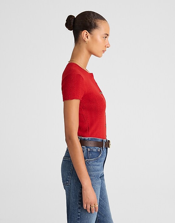 Madewell Cotton-Blend Pointelle Short-Sleeve Cardigan Cherry Red