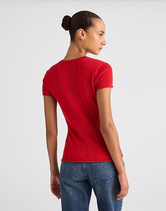 Madewell Cotton-Blend Pointelle Short-Sleeve Cardigan Cherry Red