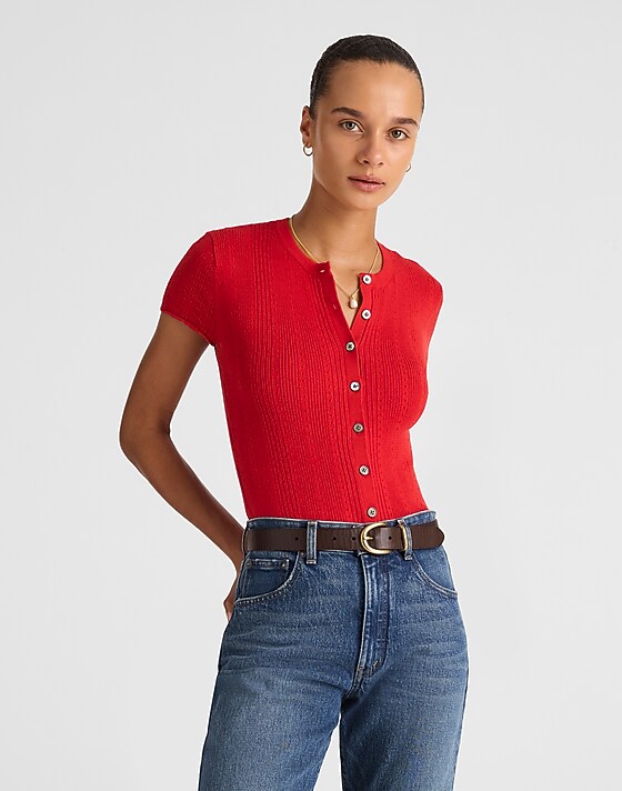 madewell Cotton-Blend Pointelle Short-Sleeve Cardigan cherry red