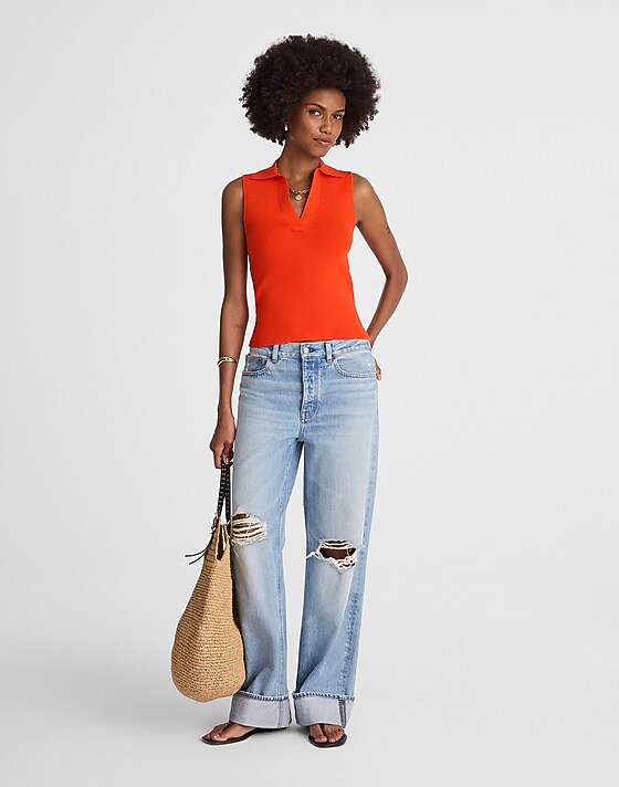 Madewell Cotton Johnny-Collar Sweater Tank Fiery Orange