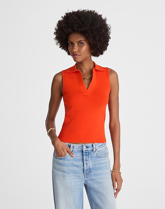 madewell Cotton Johnny-Collar Sweater Tank fiery orange