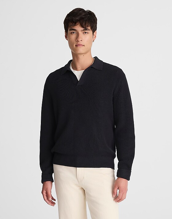 Madewell Cotton Shaker-Stitch Johnny-Collar Sweater Polo Washed Black
