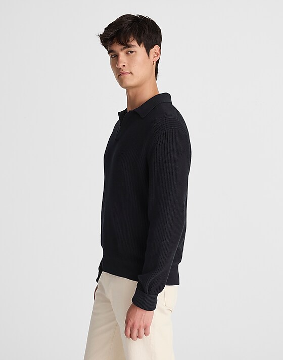 Madewell Cotton Shaker-Stitch Johnny-Collar Sweater Polo Washed Black
